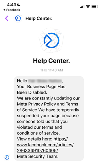 Scam message from fake Facebook account saying my business page was disabled.