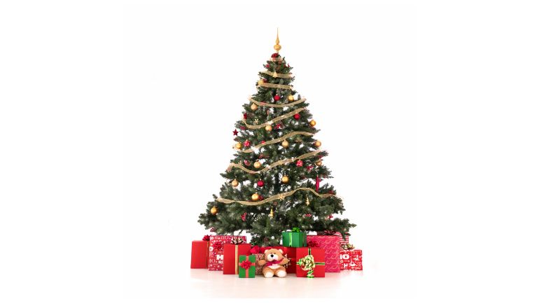 A Christmas tree with presents on a white background