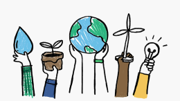 A group of people holding up a globe and plants.