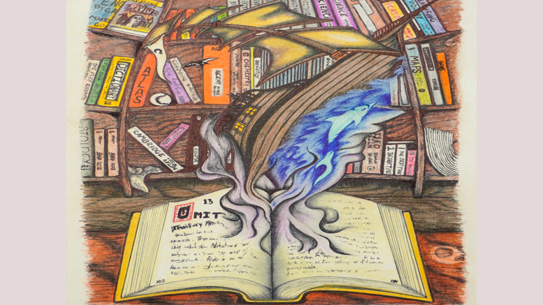 A drawing of a book with smoke coming out of it, showcased in David Lee Black's exhibit 'The Vanishing Light of Ireland' at Milton Public Library's Wotiz Gallery throughout January