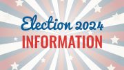 Election 2024 information on a red, white and blue background.