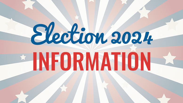 Election 2024 information on a red, white and blue background.
