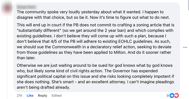 A screenshot of a Facebook message thread where Milton Neighbors respond to "No" vote on MBTA Communities Act Zoning.