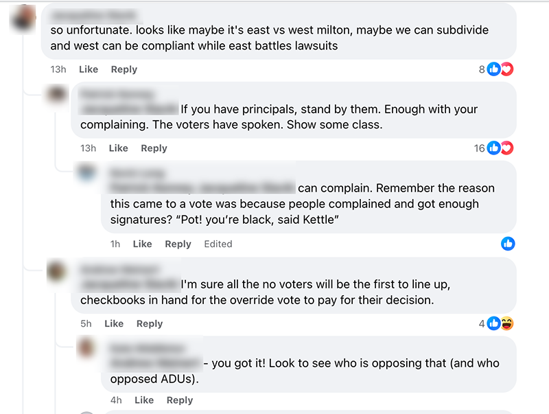 A screenshot of a conversation between two people on Facebook discussing the "No" vote on MBTA Communities Act Zoning, as Milton Neighbors respond.