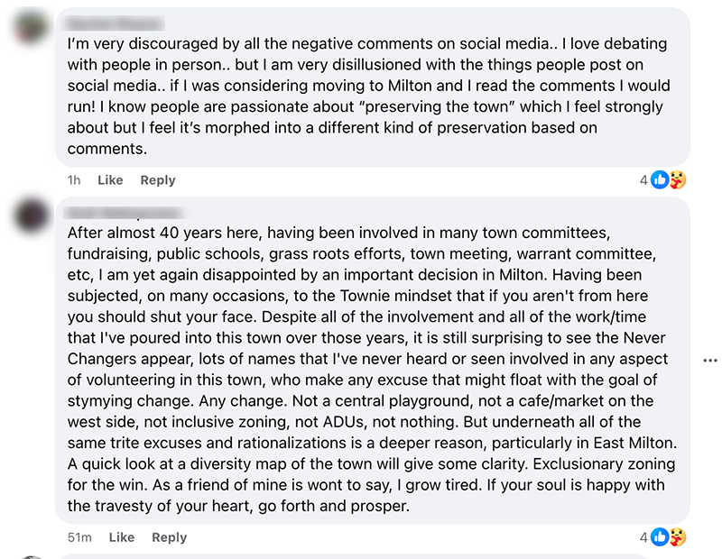 Milton Neighbors react to "No" vote on MBTA Communities Act Zoning with a social media comment screenshot.