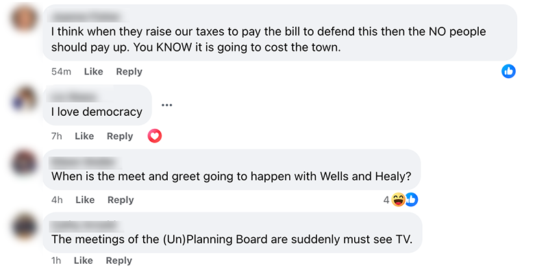 A screenshot of a conversation between two Milton Neighbors discussing the "No" vote on MBTA Communities Act Zoning.