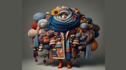 a person enveloped in an assortment of colorful yarns, knitting materials, and wearables creating a visually textured composition.