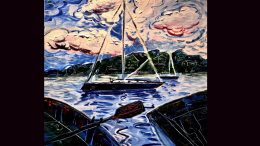 Painting of a sailboat on water at dusk, celebrating Thato Mwosa's art, with vibrant, swirling skies and stylized water reflections; viewed from a canoe with visible paddles.