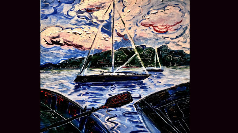 Painting of a sailboat on water at dusk, celebrating Thato Mwosa's art, with vibrant, swirling skies and stylized water reflections; viewed from a canoe with visible paddles.