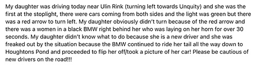 Text describing a user's daughter's experience of being followed and honked at by an aggressive driver in the Milton Neighbors area, highlighting the importance of being cautious around new drivers.
