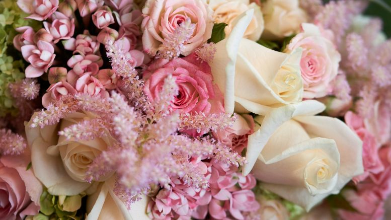 An assortment of pink and cream flowers, including roses and hydrangeas, arranged closely together