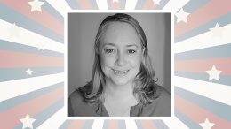 Black and white portrait of Julia Maxwell, smiling woman against a background with red and blue sunburst pattern, announces candidacy for Milton Town Meeting Member in Precinct 1.