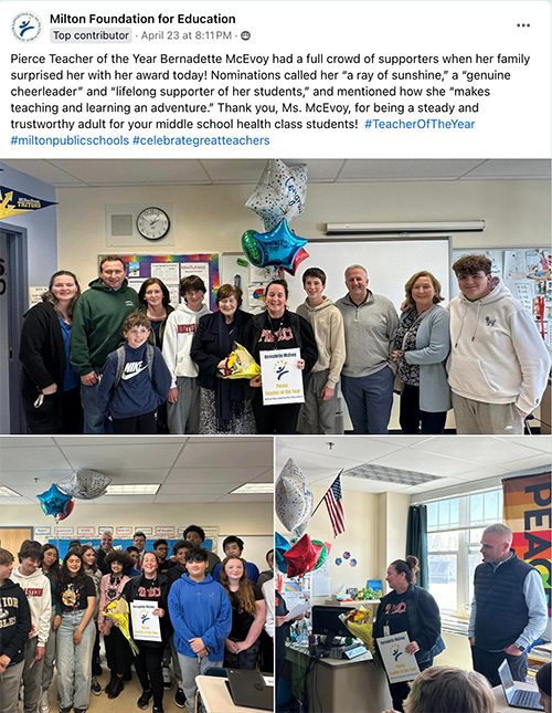 Bernadette McEvoy receives teacher of the year award in a classroom surrounded by family, colleagues, and Milton Neighbors.