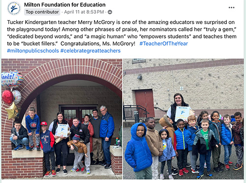 Realtor Merry McGrory stands outside with her kindergarten class, holding an award, with students displaying excitement and a congratulatory banner visible.