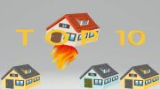 An illustration depicts houses with one flying upwards on flames, encapsulated by the text "TOP 10," signifying how Norfolk county real estate activity soars in April 2024. Three homes remain grounded below, highlighting the dramatic rise.