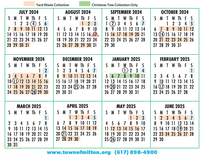 A waste collection schedule for Milton, MA, from July 2024 to June 2025, includes yard waste collection days and Christmas tree collection days. For reminders like "It's a yard waste pickup week - June 3 - 7, 2024," check the Milton Scene. Contact information is provided at the bottom.