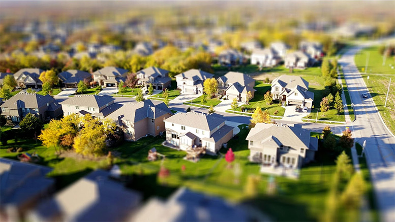 Aerial view of a suburban neighborhood with houses, greenery, and a road on the right—a perfect illustration for diversifying an investment portfolio.