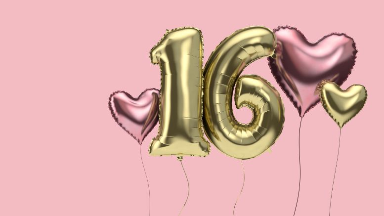 Gold foil balloons forming the number "16" are surrounded by pink heart-shaped balloons against a pink background, offering creative party ideas for a perfect Sweet 16 celebration.