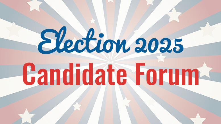 Text reading "Election 2025 Candidate Forum" on a starburst background with stars.
