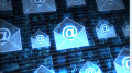 A digital illustration of multiple glowing email icons with the "@" symbol, set against a background of digital graphics and technology symbols, inspired by simple strategies for successful email marketing from Small Business Corner.