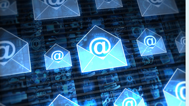 A digital illustration of multiple glowing email icons with the "@" symbol, set against a background of digital graphics and technology symbols, inspired by simple strategies for successful email marketing from Small Business Corner.