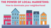 Illustration of colorful buildings with text: "Small Business Corner: The Power of Local Marketing – How to dominate your neighborhood.
