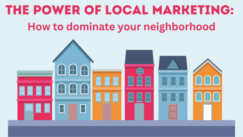 Illustration of colorful buildings with text: "Small Business Corner: The Power of Local Marketing – How to dominate your neighborhood.