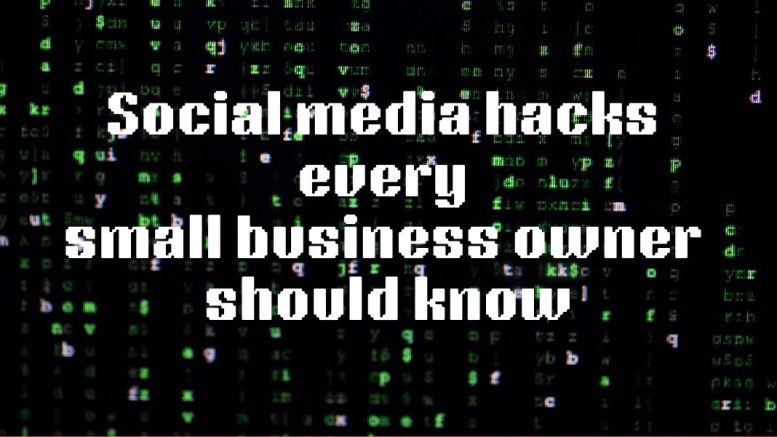 Text reading "Social media hacks every small business owner should know" overlays a background of green digital code, offering invaluable insights from the Small Business Corner on how to delight your customers and keep them coming back.