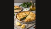 A sliced spinach pie on a plate, garnished with lemon wedges, offers a glimpse into 2025 culinary trends. In the background, a piece of pie sits near fresh spinach leaves and a bowl of white sauce, evoking the vibrant spirit akin to making a felted bird for spring.