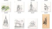 Discover a vibrant collection of eight architectural sketches by Lidia Mikhaylova, each depicting unique buildings and structures. These works, labeled with iCloud Photos and Sketch filenames, will be on display at Wotiz Gallery in March 2025.