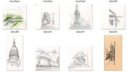 Discover a vibrant collection of eight architectural sketches by Lidia Mikhaylova, each depicting unique buildings and structures. These works, labeled with iCloud Photos and Sketch filenames, will be on display at Wotiz Gallery in March 2025.