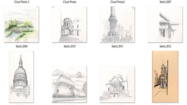 Discover a vibrant collection of eight architectural sketches by Lidia Mikhaylova, each depicting unique buildings and structures. These works, labeled with iCloud Photos and Sketch filenames, will be on display at Wotiz Gallery in March 2025.