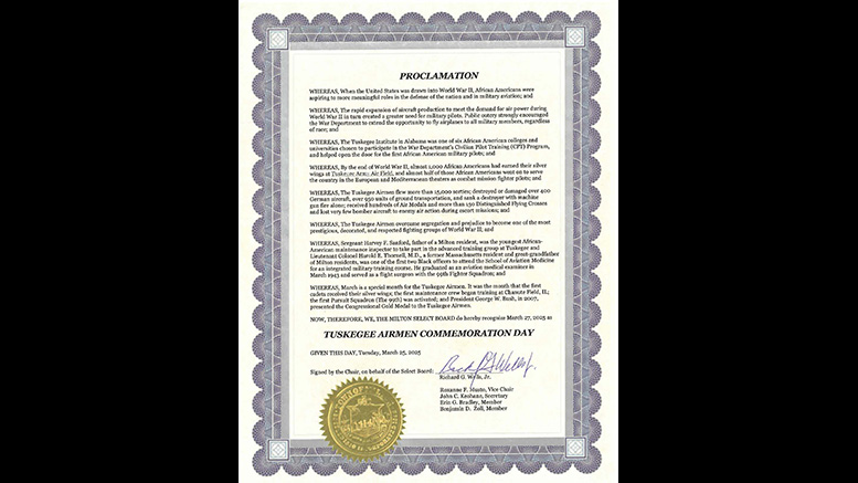 Proclamation declaring March 29, 2007, as Tuskegee Airmen Commemoration Day in Tennessee, signed by state officials with the official seal at the bottom. Also celebrated on March 27, 2025, by the Milton Select Board.