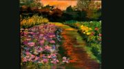 A painting of a garden path bordered by purple and yellow flowers leads toward dark trees under an orange sky, featured at the Milton Wotiz Gallery art exhibit.