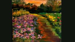 A painting of a garden path bordered by purple and yellow flowers leads toward dark trees under an orange sky, featured at the Milton Wotiz Gallery art exhibit.