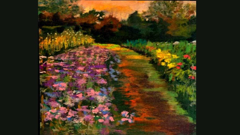 A painting of a garden path bordered by purple and yellow flowers leads toward dark trees under an orange sky, featured at the Milton Wotiz Gallery art exhibit.