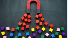 A red horseshoe magnet attracts red wooden cubes, surrounded by scattered colorful cubes on a dark surface. Just as simple strategies for successful email marketing draw in customers, the magnet pulls its targets amid the lively chaos of vibrant possibilities.