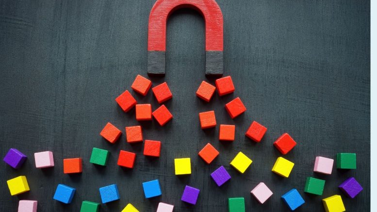 A red horseshoe magnet attracts red wooden cubes, surrounded by scattered colorful cubes on a dark surface. Just as simple strategies for successful email marketing draw in customers, the magnet pulls its targets amid the lively chaos of vibrant possibilities.