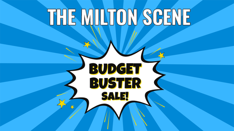 Blue background with rays and yellow stars, "THE MILTON SCENE" at top, and a white burst shape in the center with "BUDGET BUSTER SALE!" in bold black and yellow text.