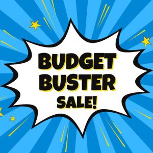 Comic-style graphic featuring a starburst and "Milton Scene Budget Buster Sale!" in bold black and yellow, set against a blue Milton Scene background with stars.