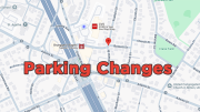 Map of a neighborhood with “Parking Changes” in bold red text overlaid, highlighting the Town of Milton traffic advisory: East Milton Parking & Circulation changes effective May 5, 2025, and updates to local parking regulations.