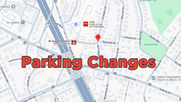 Map of a neighborhood with “Parking Changes” in bold red text overlaid, highlighting the Town of Milton traffic advisory: East Milton Parking & Circulation changes effective May 5, 2025, and updates to local parking regulations.