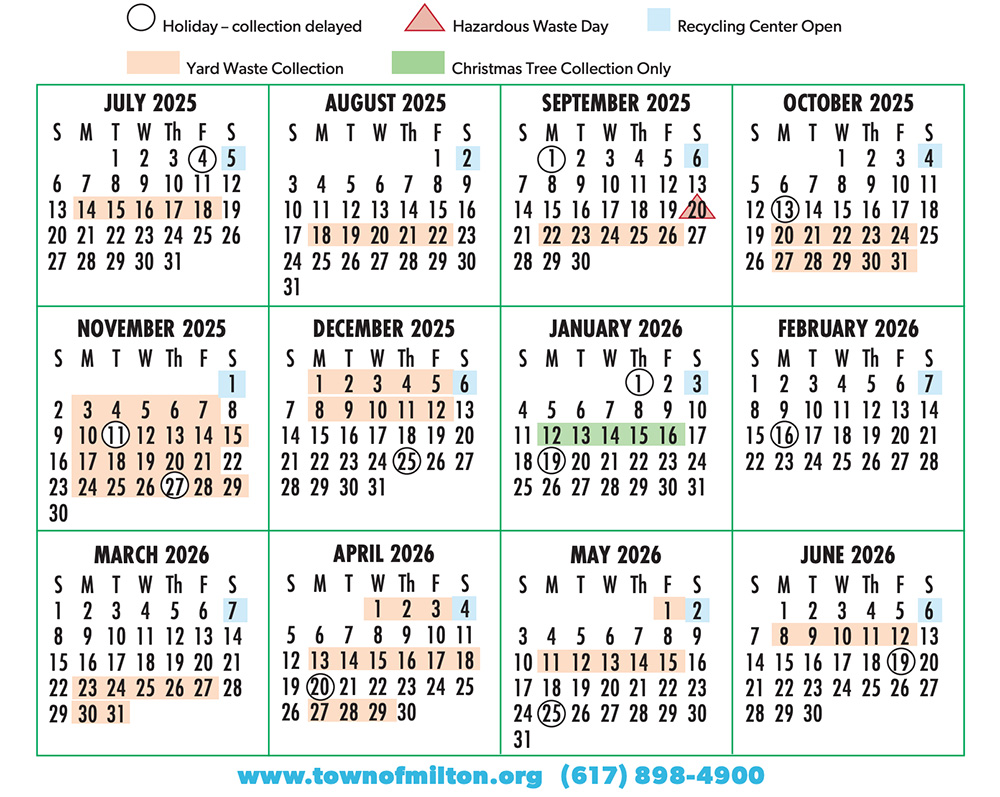 The 2025-2026 Milton waste collection calendar highlights holiday delays, hazardous waste days, yard waste pickup details for June 2025, Christmas tree collection, and recycling center open dates.