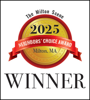 A gold badge with a red ribbon reads "2025 Neighbors' Choice Award, Milton, MA" and "The Milton Scene" above, with "WINNER" in bold below.