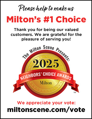 Promotional graphic asking for votes in the 2025 Milton Scene Neighbors' Choice Awards, featuring a gold badge and website link for voting.