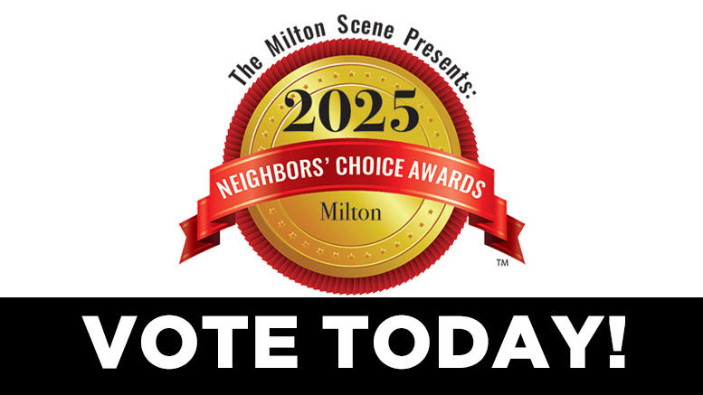 Gold medal graphic for the 2025 Milton Neighbors Choice Awards, featuring a red ribbon and the text "VOTE TODAY!" below.