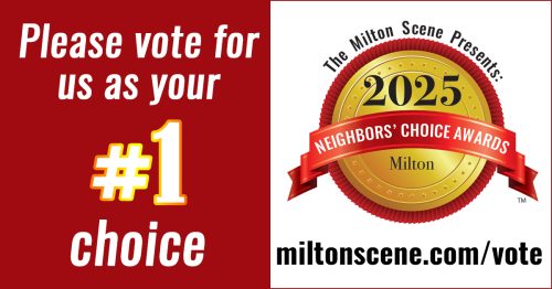 A graphic urges people to vote for "us" as their #1 choice in The Milton Scene Presents: The Milton Neighbors Choice Awards 2025, with a website link for voting.