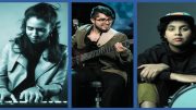 Three musicians from the Camila Cortina Bello Trio—on keyboard, electric bass, and drums—are shown in blue-toned portraits, capturing the vibrant energy of their summer concert at the Eustis Estate.