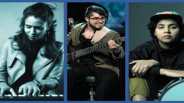 Three musicians from the Camila Cortina Bello Trio—on keyboard, electric bass, and drums—are shown in blue-toned portraits, capturing the vibrant energy of their summer concert at the Eustis Estate.