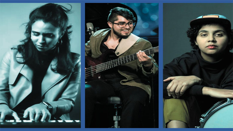 Three musicians from the Camila Cortina Bello Trio—on keyboard, electric bass, and drums—are shown in blue-toned portraits, capturing the vibrant energy of their summer concert at the Eustis Estate.